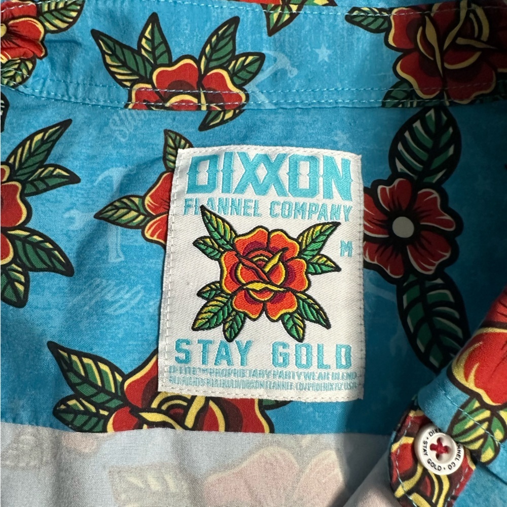 Dixxon Stay Gold Party Shirt Medium women’s Hawaiian blue red floral button up - Picture 8 of 12